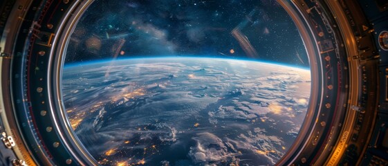 Earth viewed from a spaceship window, showing clouds and the horizon.