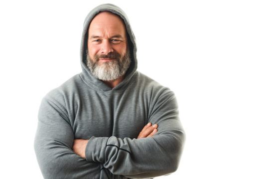 Muscular Middle-Aged Man in Grey Hoodie Smiling on White Background - Powered by Adobe