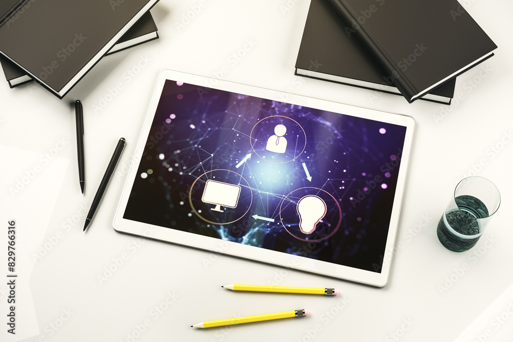 Poster social network concept on modern digital tablet screen. top view. 3d rendering