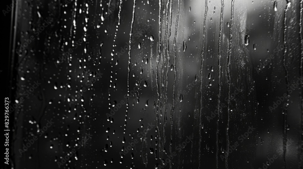 Poster a rain shower seen through a window, with raindrops streaking down the glass in mesmerizing patterns