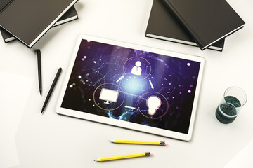 Social network concept on modern digital tablet screen. Top view. 3D Rendering