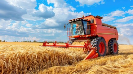 Fototapeta premium a framed perspective, a harvester diligently reaps wheat in a golden rye or grass meadow during the summertime, set against a picturesque blue sky with scattered clouds.