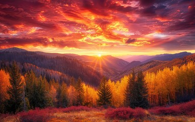 Sunset Embracing a Flame-Colored Mountain Range, Sunset Painting the Mountain Range with Fall Colors Ai Generated