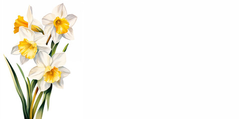Obraz premium White and yellow daffodils Watercolor illustration. An empty space for the text.