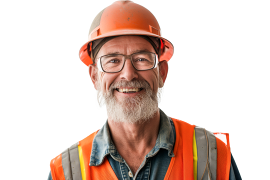 Elderly Male Construction Worker in Safety Gear Smiling on White Background