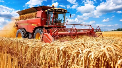 Fototapeta premium a framed perspective, a harvester diligently reaps wheat in a golden rye or grass meadow during the summertime, set against a picturesque blue sky with scattered clouds.