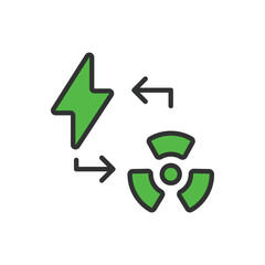 Nuclear electricity, in line design, green. Nuclear, Electricity, Power, Energy, Reactor, Generation, Atomic on white background vector. Nuclear electricity editable stroke icon.