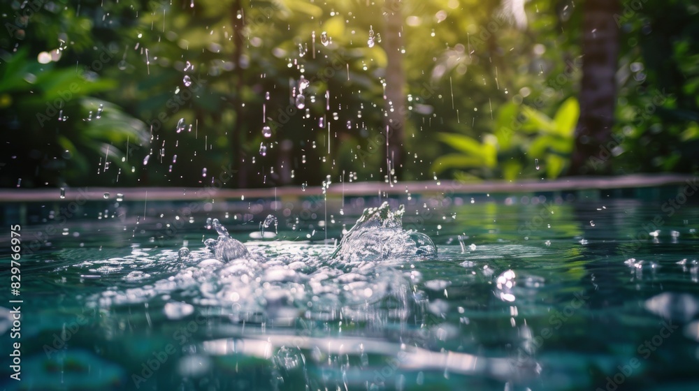 Leinwandbilder a refreshing splash of water droplets falling into a crystal-clear pool, creating a serene and tranq