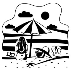 Obraz premium Lady siting on sand in swimsuit rear view vector design, Nature and landscape postcard Scenic Summer Season Vibes Sign, Idyllic Remote Beach stock illustration, Girl watching sunrise concept