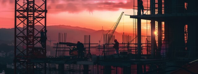 A panoramic view of a modern solar panel farm and wind turbines with a sunset sky background.