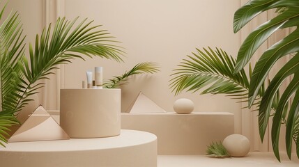 A stylish beige studio with a 3D podium scene, geometric platforms, and graceful palm leaves, providing an elegant backdrop for cosmetic product displays, in