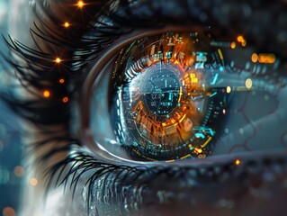 Eye with a nano-tech contact lens, enhancing vision and offering digital connectivity. Features magnification, clarity enhancement, and real-time data streaming.