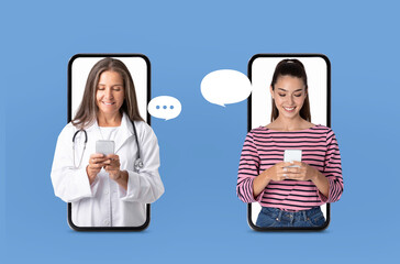 Two ladies a doctor and a patient are smiling and texting on their smartphones, engaging in an...