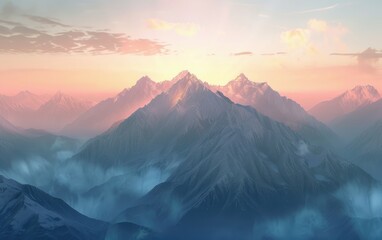 A Mountain Ranges Majestic Splendor, Dawns Gentle Embrace, The Majestic Aura of a Mountain Range Awakened by Dawn's Soft Glow Ai Generated - Powered by Adobe