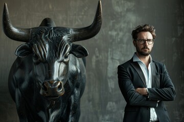 A portrait of an attractive businessman standing next to the black bull.