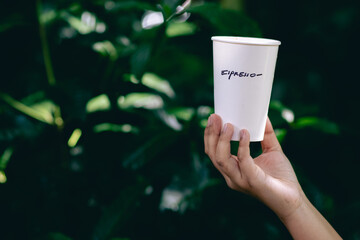Selective focus white paper coffee cup in hand The green background of the coffee trees in the...