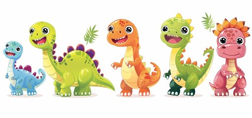 Fototapeta premium Vector illustration of cute cartoon dinosaurs, smiling and laughing with big eyes on a white background.