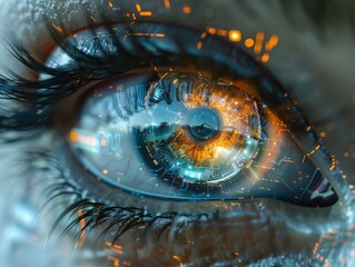 Close-up of an eye with a futuristic contact lens that enables augmented reality, seamlessly integrating digital displays for an enhanced visual experience