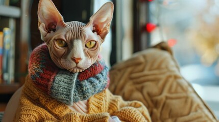 A rotund Sphynx cat wearing a cute sweater, sitting on a soft pillow in a brightly lit room.