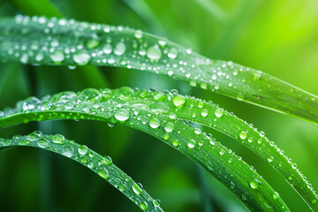 Close-up of fresh green grass blades with sparkling dew drops in a vibrant natural setting
