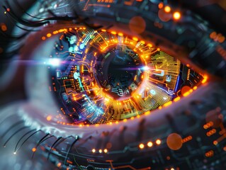 Eye with a nano-tech contact lens, enhancing vision and offering digital connectivity. Features magnification, clarity enhancement, and real-time data streaming.