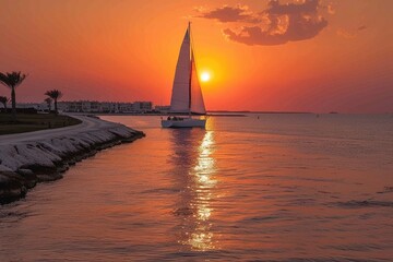 a wide view of the sea among Islands with the yacht sailing on sunset professional photography