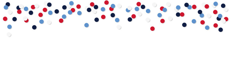 Blue, red, white round shaped confetti isolated on background. 4th July, Independence day party decor, invitation. Web banner in Usa, Czech, Russia flag colors. Top view, flat lay, empty copy space
