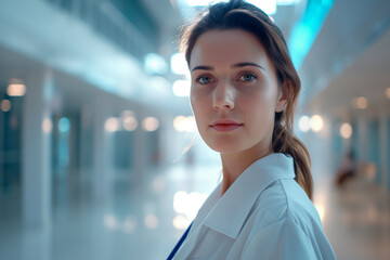 Obraz premium Portrait of beautiful female doctor, blurred hospital background