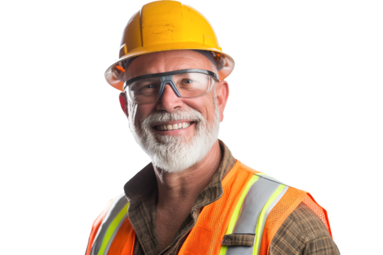 Elderly Male Construction Worker in Safety Gear Smiling on White Background