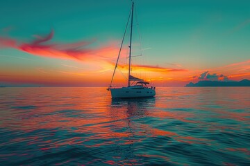 Fototapeta premium a wide view of the sea among Islands with the yacht sailing on sunset professional photography