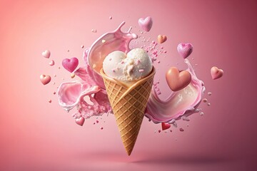 Sweet dessert. The love of ice cream. A heart-shaped ice cream cone with splash, hearts and splashes. The concept of Valentine's Day. Banner, advertisement.