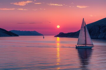 a wide view of the sea among Islands with the yacht sailing on sunset professional photography