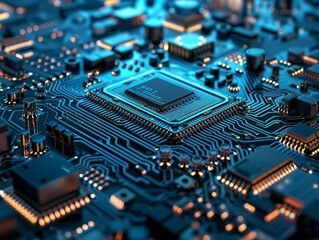 Circuit board. CPU technology. Detailed blue micro circuit diagram of a motherboard represents the complex network within a digital system in safeguarding assets.