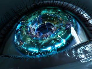 Eye with a nano-tech contact lens, enhancing vision and offering digital connectivity. Features magnification, clarity enhancement, and real-time data streaming.