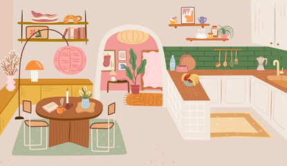 Cozy kitchen interior in boho style retro decor. Flat hand drawn background illustration of kitchen studio