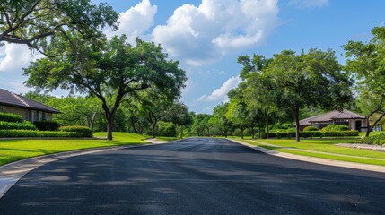 Fototapeta premium a scenic park, verdant green grass and towering trees frame a clear blue sky, while an asphalt road stretches into the distance, presenting a tranquil nature landscape perfect.