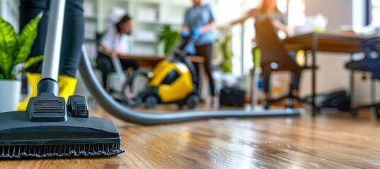 Professional cleaning crew using vacuum in spacious office with employees in background