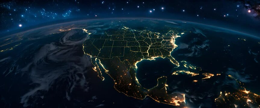 3D digital earth with dynamic lighting, emphasizing America's role in global information exchange,