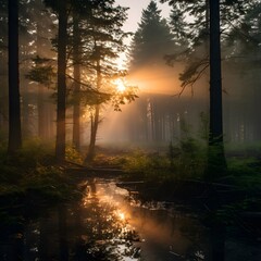 Sunrise in the misty forest with tall trees. Generative AI.