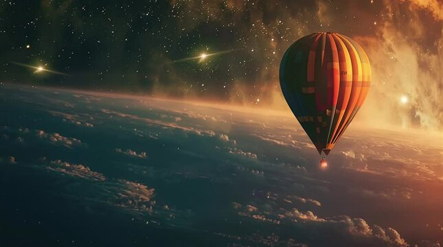 Hot air balloon soaring through space against a backdrop of stars and galaxies.
 Seamless looping 4k time-lapse virtual video animation background. Generated AI