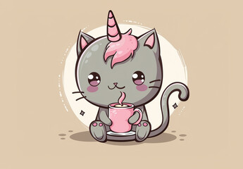 Fototapeta premium Cat unicorn or caticorn icon illustration. Cute pet designed for a greeting card or an invitation