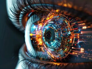 Close-up of an eye with a futuristic contact lens that enables augmented reality, seamlessly integrating digital displays for an enhanced visual experience