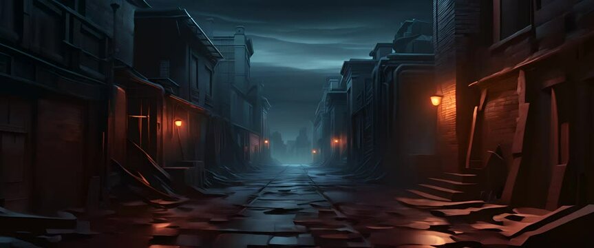 Dark-toned, Geometric Alleyway In 3D Minimalist Style, Twilight Setting,