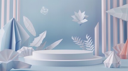 Minimalist podium platform with clean lines, made of folded paper, surrounded by floating 3D geometric shapes and abstract paper cutouts inspired by nature motifs