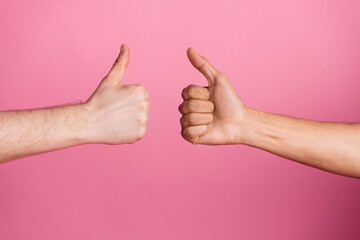 Photo of two people show each other like symbol isolated pastel color background