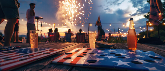 Corn hole game at a 4th of July party, American flag themed boards, people celebrating, evening sky with fireworks, isolated on white background, copy space