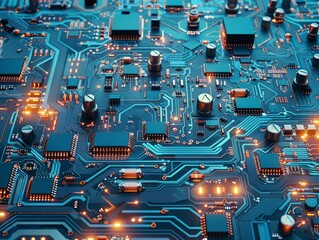Circuit board. CPU technology. Detailed blue micro circuit diagram of a motherboard represents the complex network within a digital system in safeguarding assets.