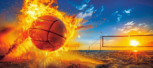 Dynamic volleyball spike ignites the beach court, casting fiery waves in the sand at sunset