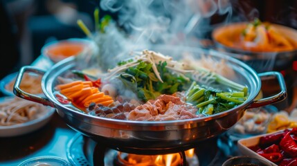 Fototapeta premium A steaming pot of Thai hot pot (suki) with fresh vegetables, meat, and dipping sauces on a side table.