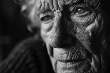 A black and white photograph of an elderly woman captured in stark contrast, showcasing her age and wisdom